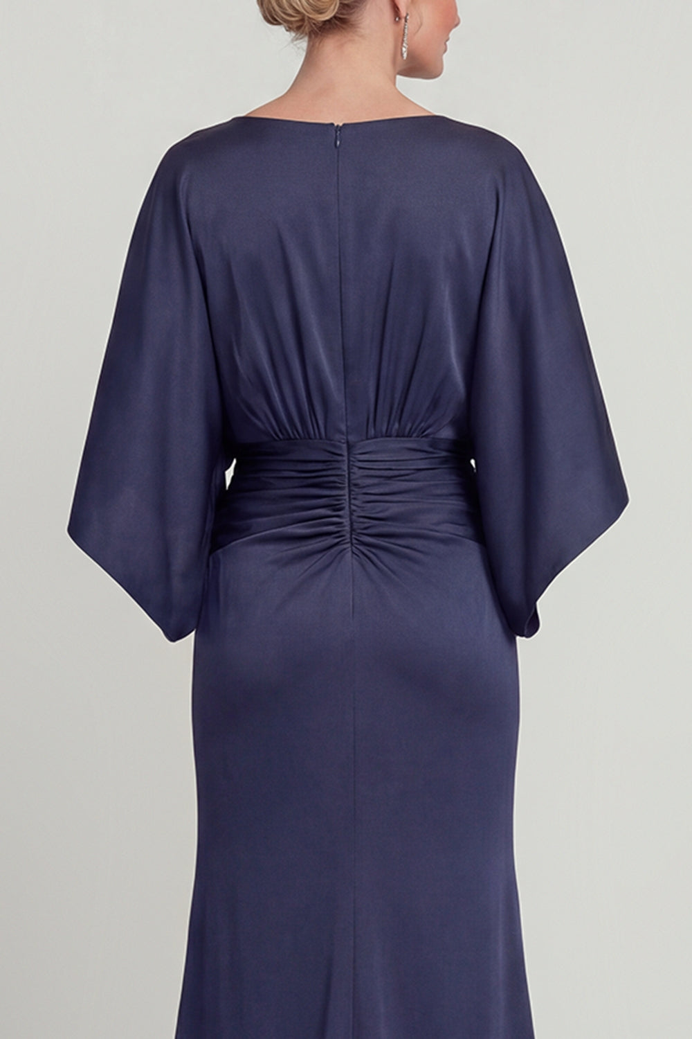 Navy Long V Neck Mermaid Mother of the Bride Dress with Sleeves