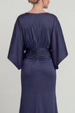 Navy Long V Neck Mermaid Mother of the Bride Dress with Sleeves