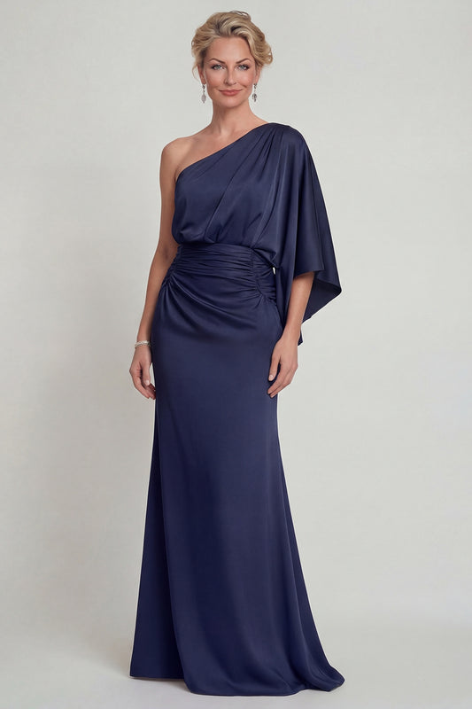 Navy Long One Shoulder Mermaid Mother of the Bride Dress