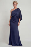 Navy Long One Shoulder Mermaid Mother of the Bride Dress