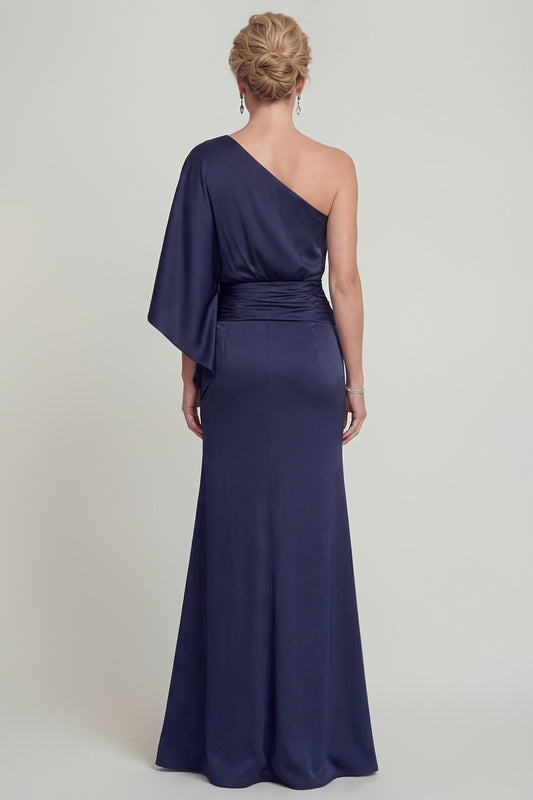 Navy Long One Shoulder Mermaid Mother of the Bride Dress
