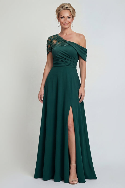 Dark Green Long A Line Appliqued Mother of the Bride Dress with Slit