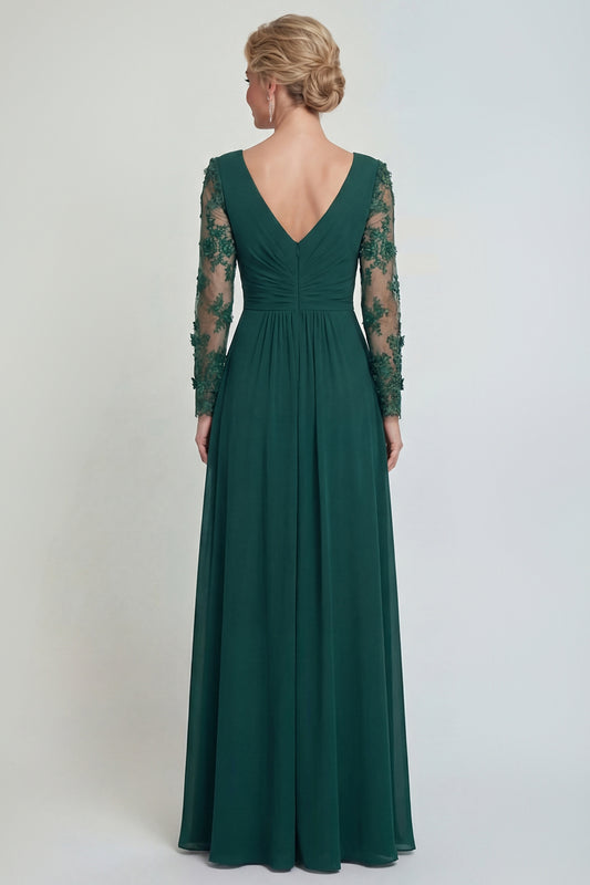 Dark Green Long A Line V Neck Mother of the Bride Dress with Sleeves