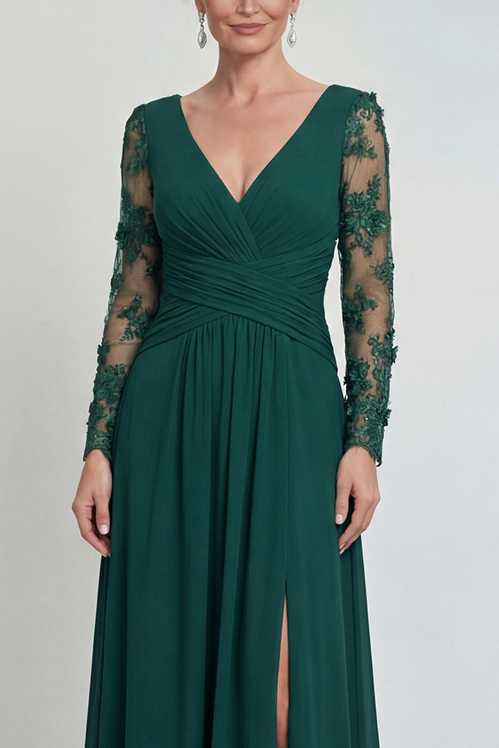 Dark Green Long A Line V Neck Mother of the Bride Dress with Sleeves