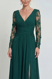 Dark Green Long A Line V Neck Mother of the Bride Dress with Sleeves