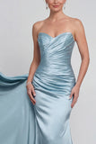Blue Strapless Ruched Long Mermaid Mother of the Bride Dress with Side Cape