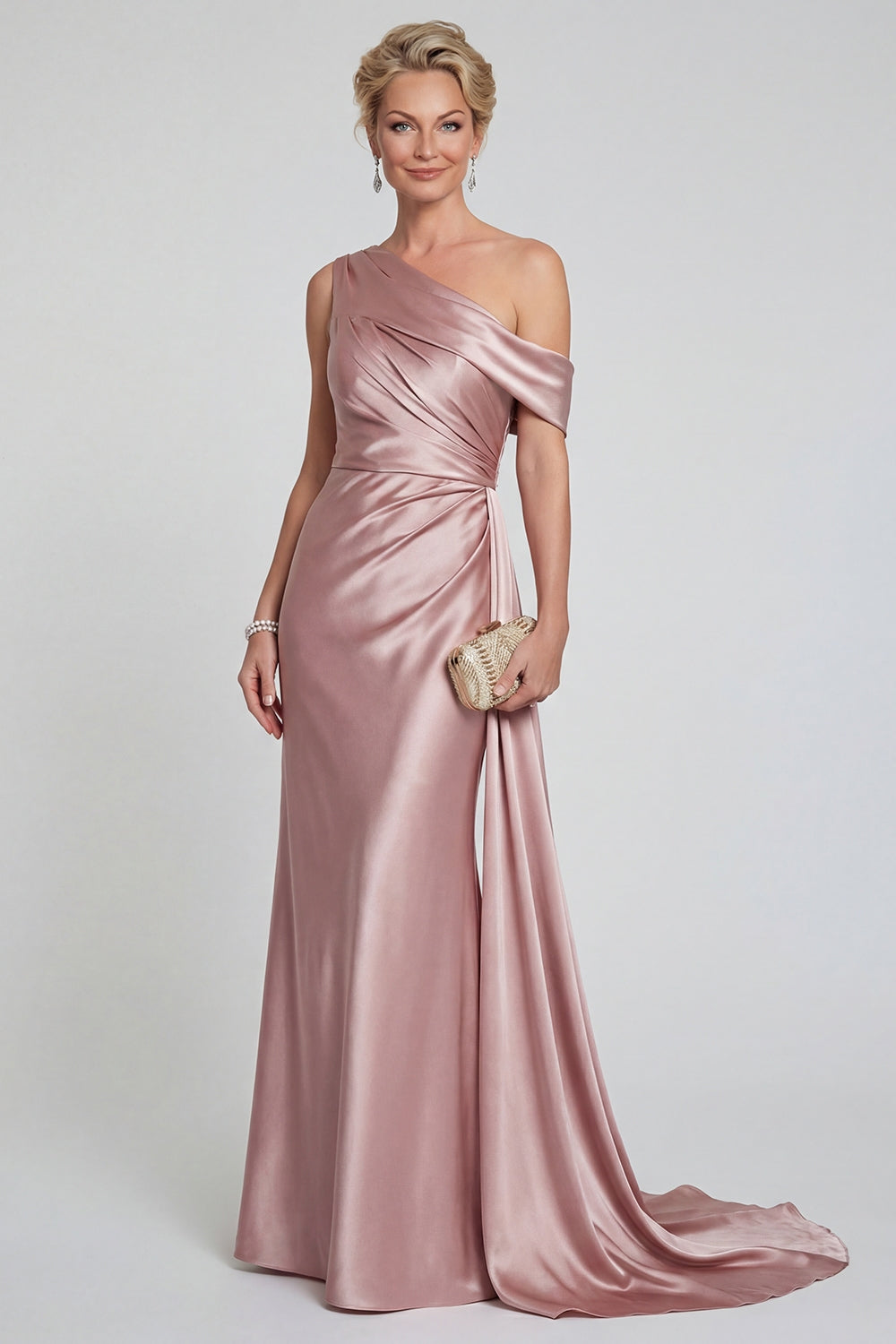 Blush Long One Shoulder Mermaid Mother of the Bride Dress with Side Cape
