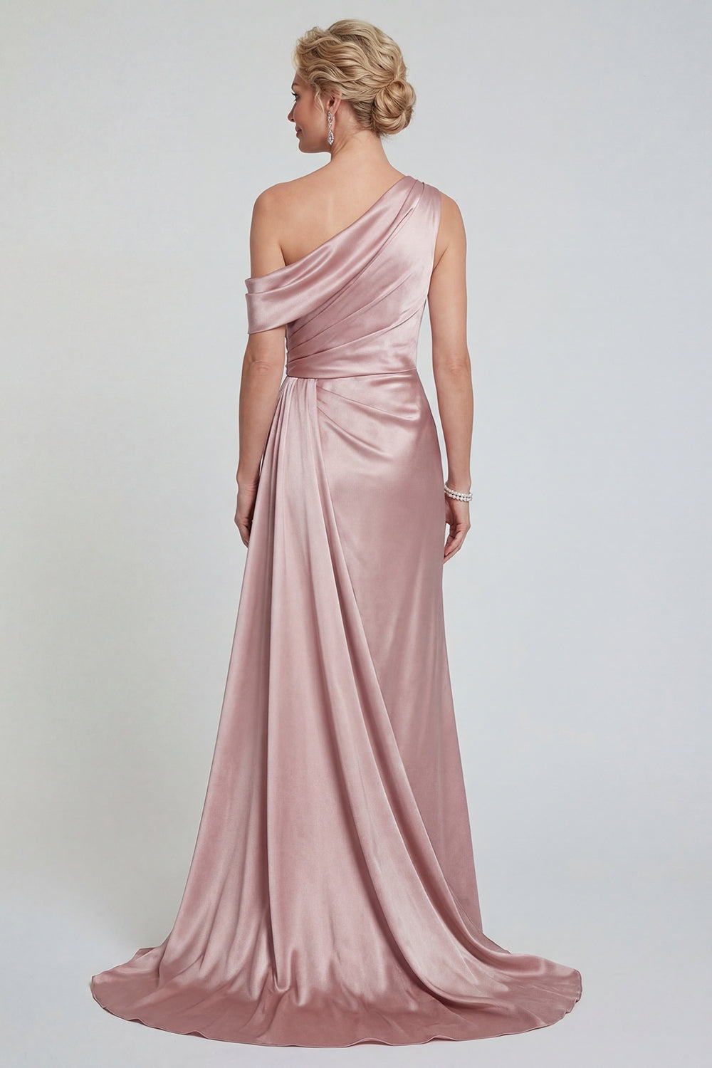 Blush Long One Shoulder Mermaid Mother of the Bride Dress with Side Cape