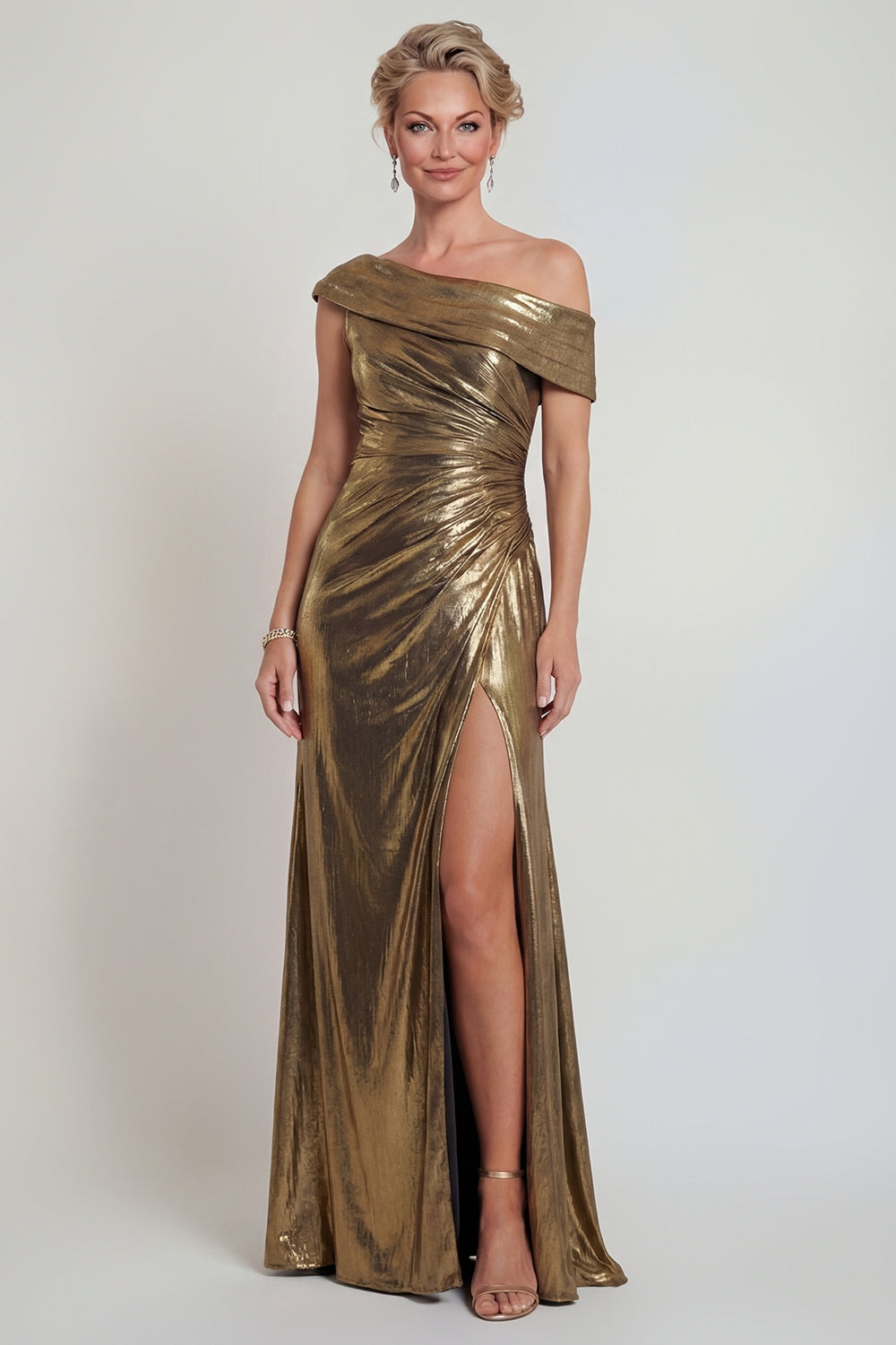 Golden One Shoulder Long Metallic Mermaid Mother of the Bride Dress
