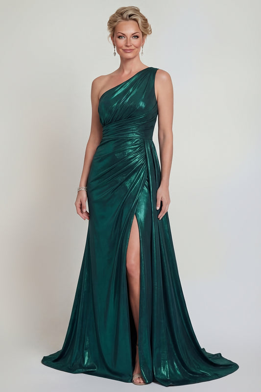 Dark Green Long Sheath One Shoulder Metallic Mother of the Bride Dress with Slit