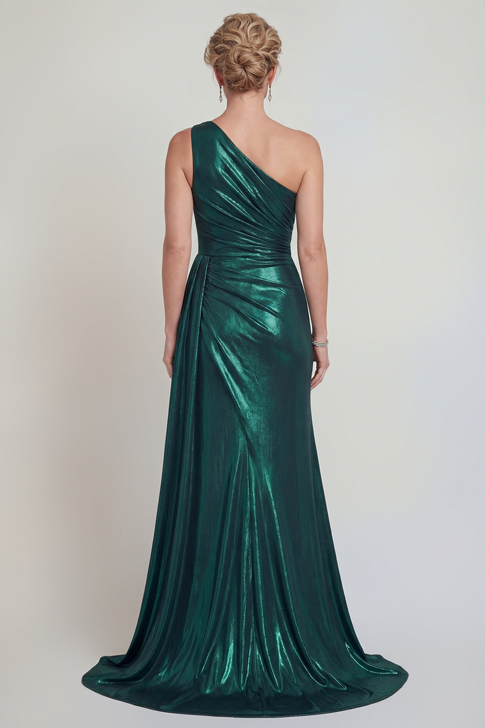 Dark Green Long Sheath One Shoulder Metallic Mother of the Bride Dress with Slit