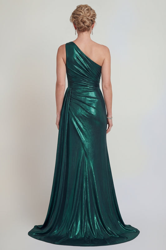 Dark Green Long Sheath One Shoulder Metallic Mother of the Bride Dress with Slit