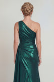 Dark Green Long Sheath One Shoulder Metallic Mother of the Bride Dress with Slit