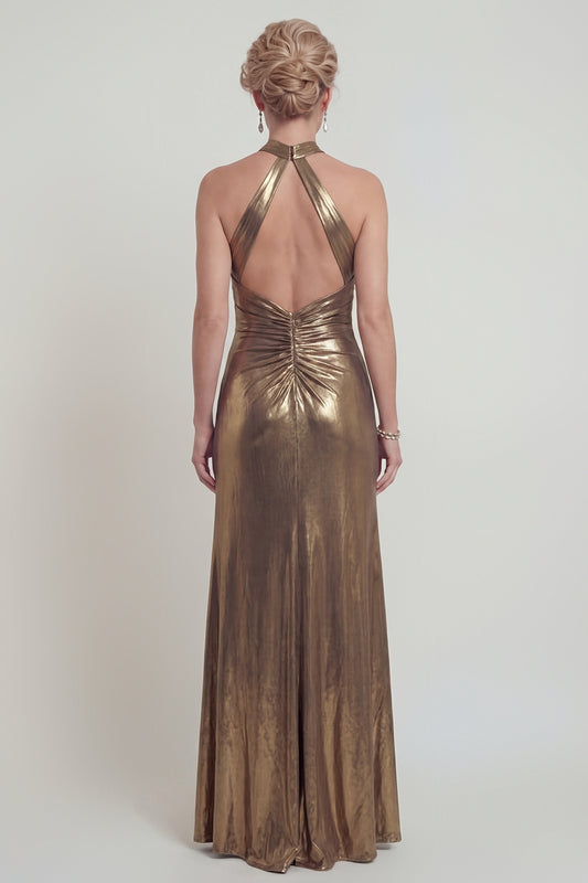 Golden Long Halter Mermaid Metallic Mother of the Bride Dress
