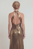 Golden Long Halter Mermaid Metallic Mother of the Bride Dress