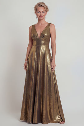 Golden Long V Neck A Line Mother of the Bride Dress
