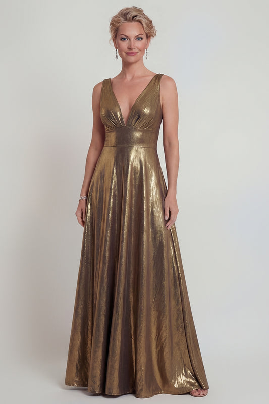 Golden Long V Neck A Line Mother of the Bride Dress