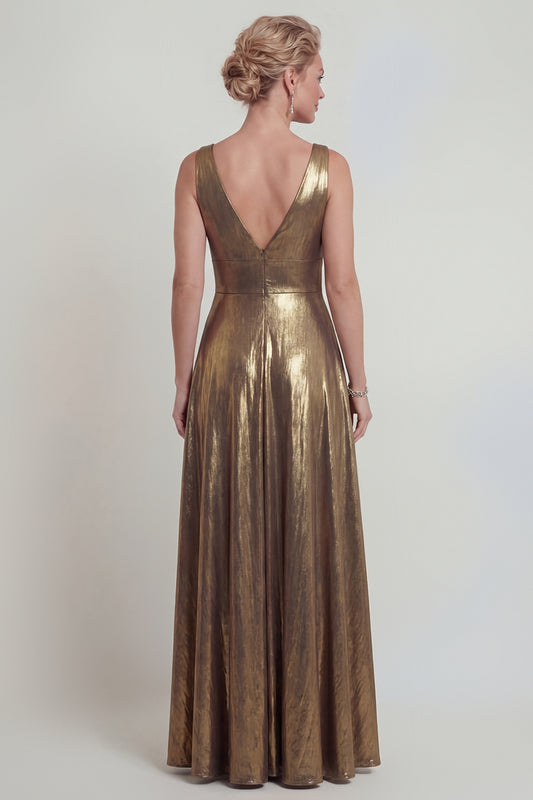 Golden Long V Neck A Line Mother of the Bride Dress