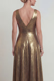 Golden Long V Neck A Line Mother of the Bride Dress