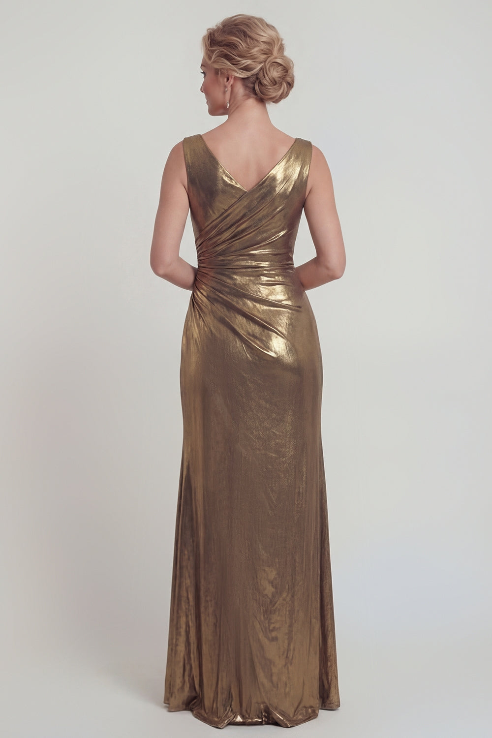 Golden V Neck Metallic Long Mermaid Mother of the Bride Dress