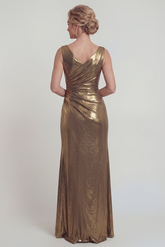 Golden V Neck Metallic Long Mermaid Mother of the Bride Dress