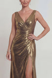 Golden V Neck Metallic Long Mermaid Mother of the Bride Dress