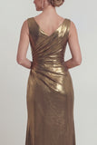 Golden V Neck Metallic Long Mermaid Mother of the Bride Dress