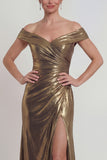 Golden Off the Shoulder Metallic Long Mermaid Mother of the Bride Dress