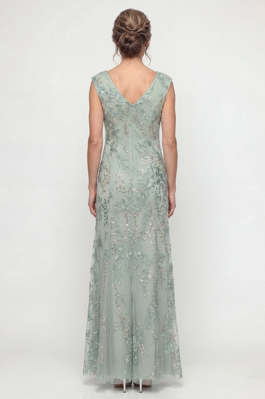 Sparkly Green Long V Neck Beaded Mother of the Bride Dress
