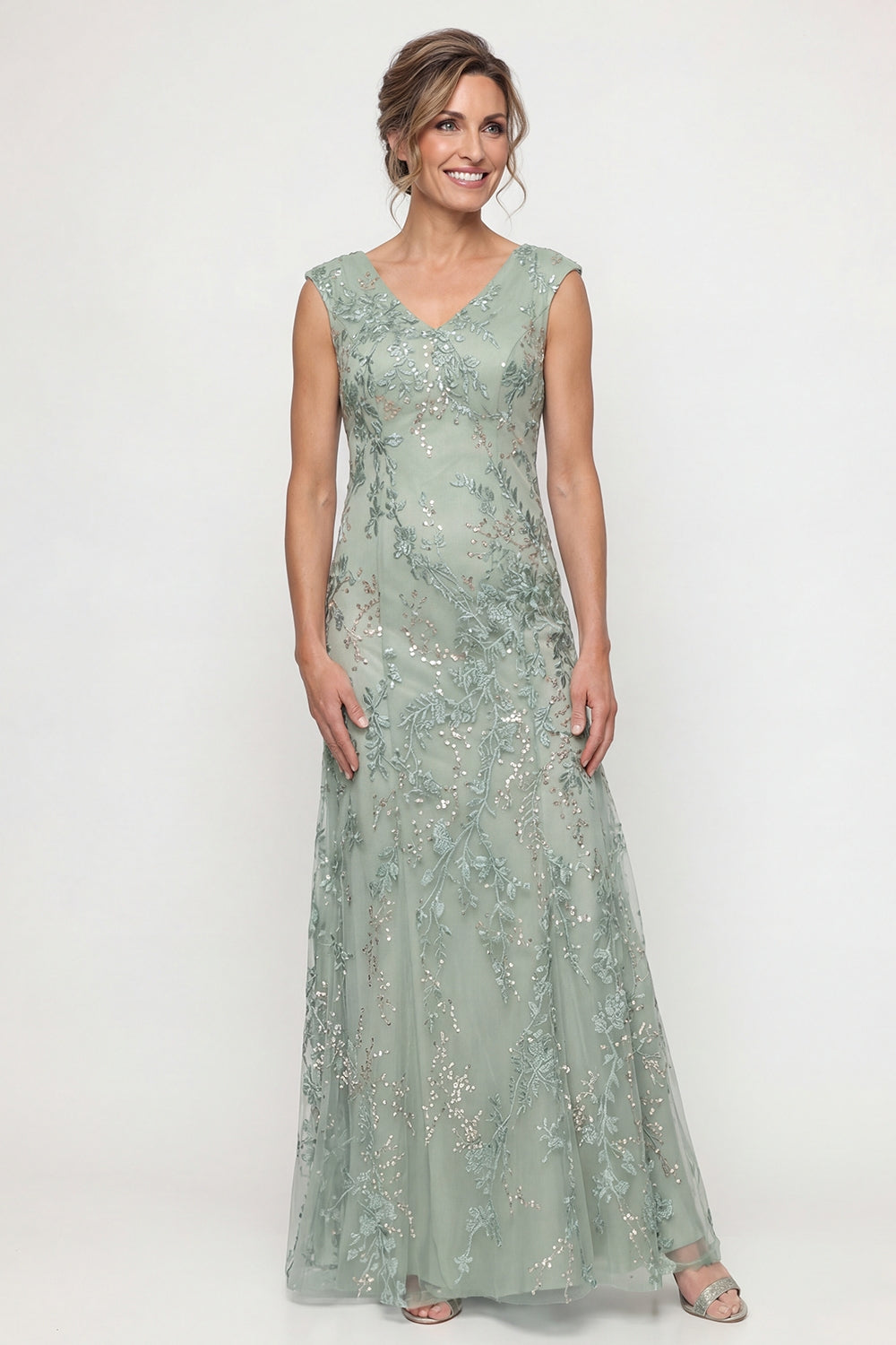 Sparkly Green Long V Neck Beaded Mother of the Bride Dress
