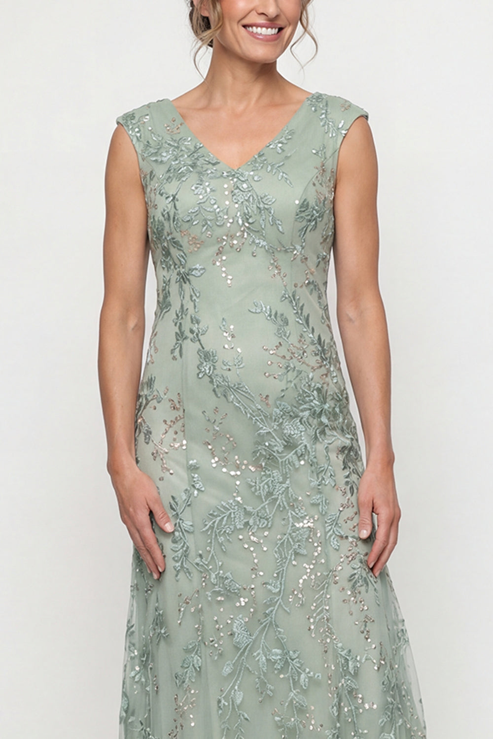 Sparkly Green Long V Neck Beaded Mother of the Bride Dress