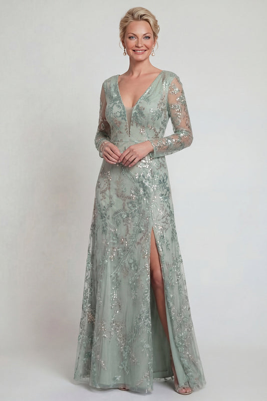 Sparkly Green Floral Sequin Long A Line Mother of the Bride Dress with Slit