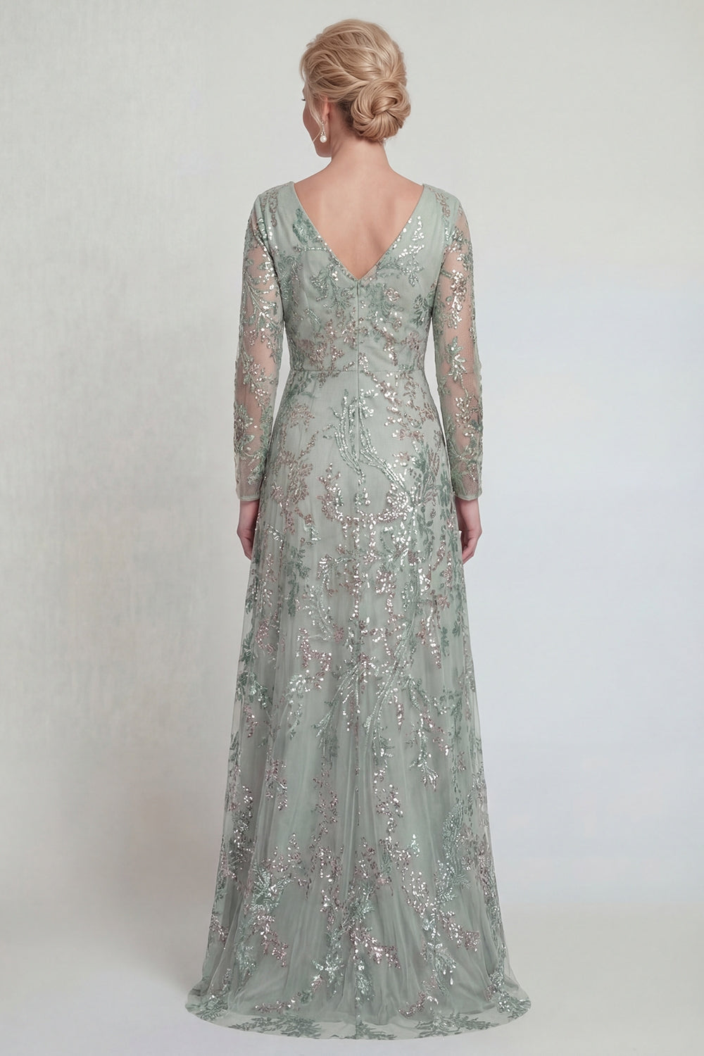 Sparkly Green Floral Sequin Long A Line Mother of the Bride Dress with Slit