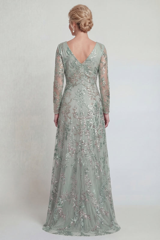 Sparkly Green Floral Sequin Long A Line Mother of the Bride Dress with Slit
