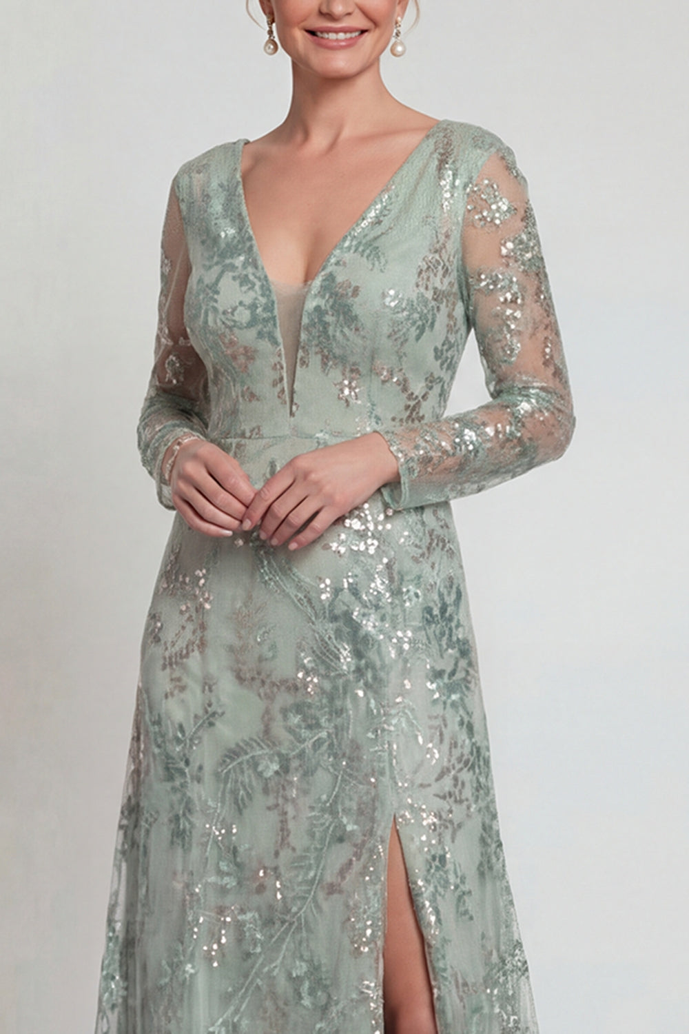 Sparkly Green Floral Sequin Long A Line Mother of the Bride Dress with Slit