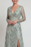 Sparkly Green Floral Sequin Long A Line Mother of the Bride Dress with Slit