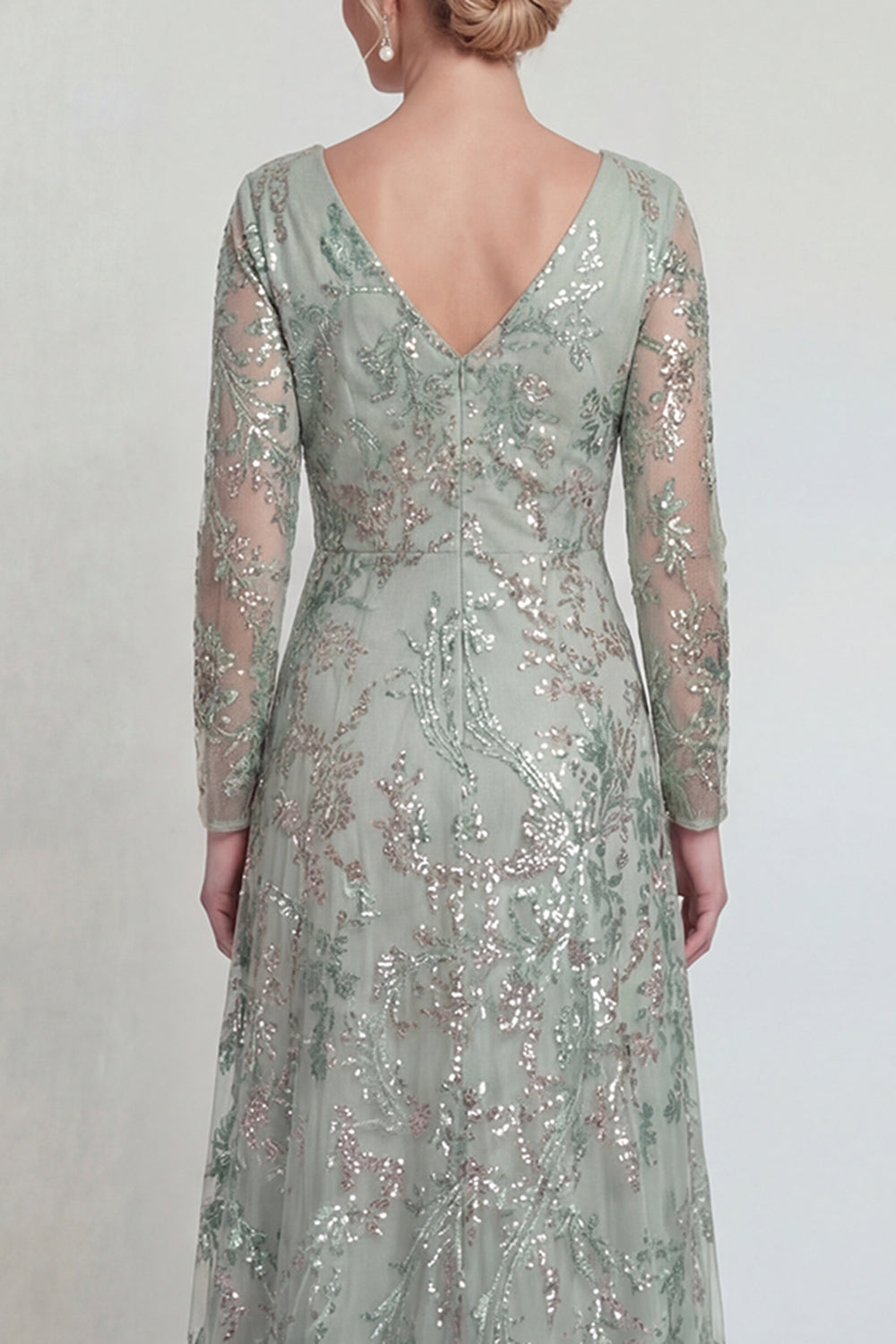 Sparkly Green Floral Sequin Long A Line Mother of the Bride Dress with Slit