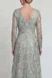 Sparkly Green Floral Sequin Long A Line Mother of the Bride Dress with Slit