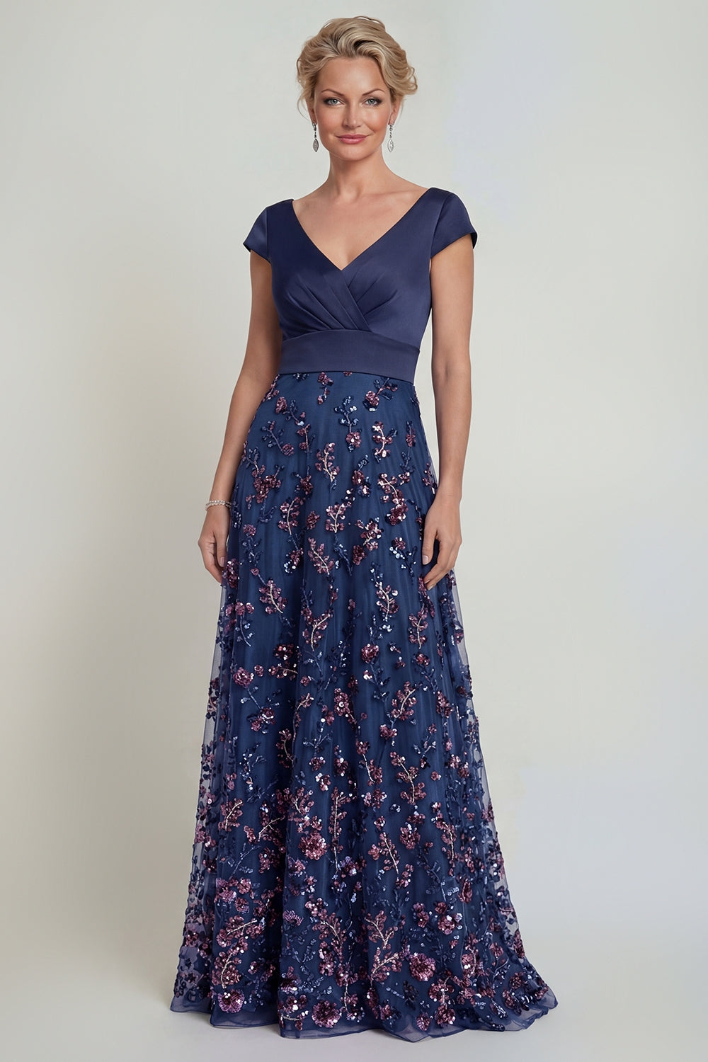 Sparkly Navy Beaded Long Floral A Line Mother of the Bride Dress