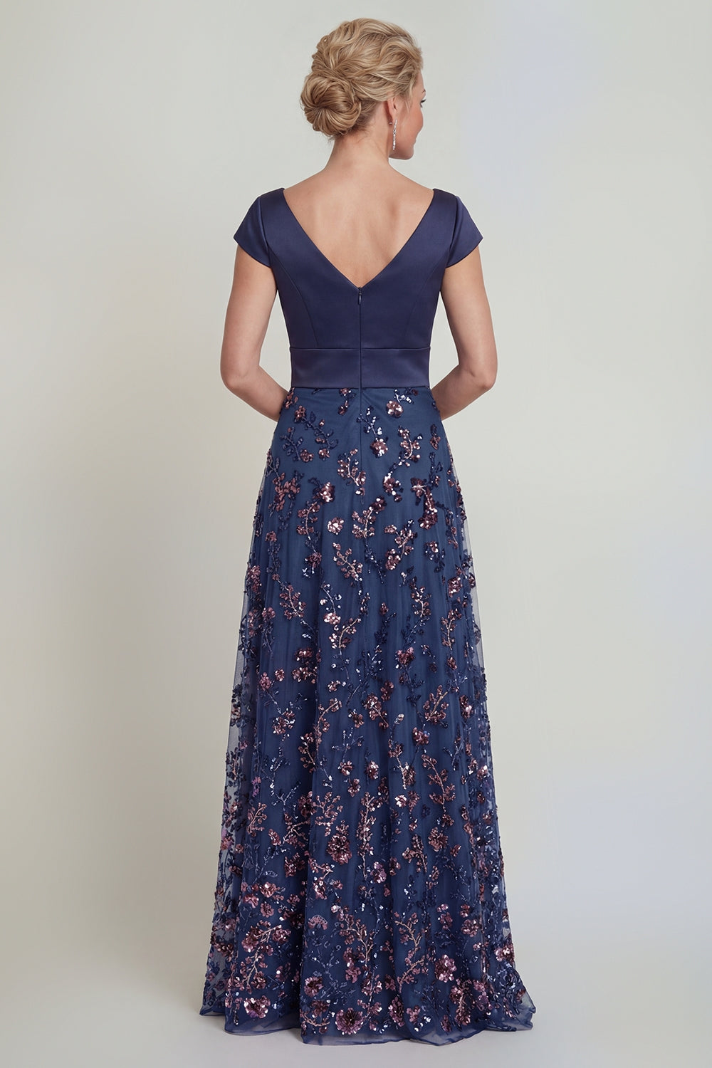Sparkly Navy Beaded Long Floral A Line Mother of the Bride Dress