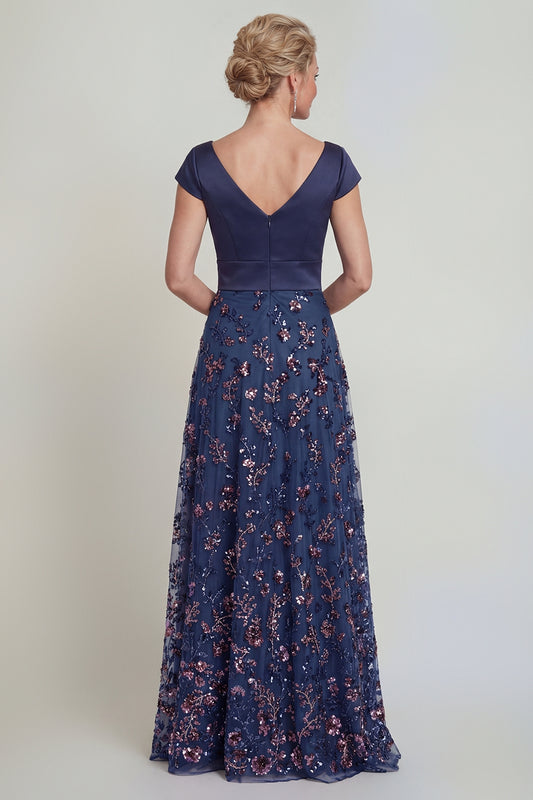 Sparkly Navy Beaded Long Floral A Line Mother of the Bride Dress