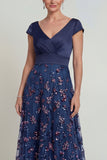 Sparkly Navy Beaded Long Floral A Line Mother of the Bride Dress