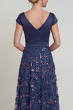 Sparkly Navy Beaded Long Floral A Line Mother of the Bride Dress