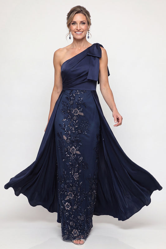 Sparkly Navy Long Mermaid Floral Mother of the Bride Dress with Bow