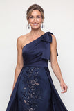 Sparkly Navy Long Mermaid Floral Mother of the Bride Dress with Bow