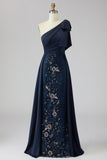 Sparkly Navy Long Mermaid Floral Mother of the Bride Dress with Bow