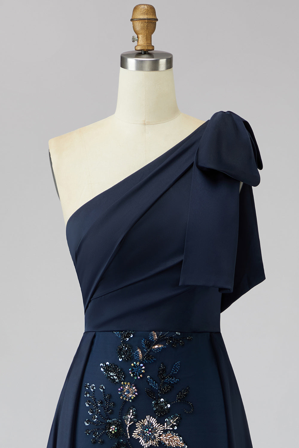 Sparkly Navy Long Mermaid Floral Mother of the Bride Dress with Bow
