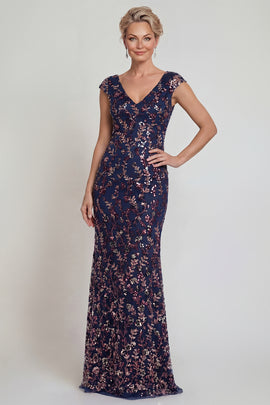 Navy Long Mermaid Sparkly Floral Mother of the Bride Dress