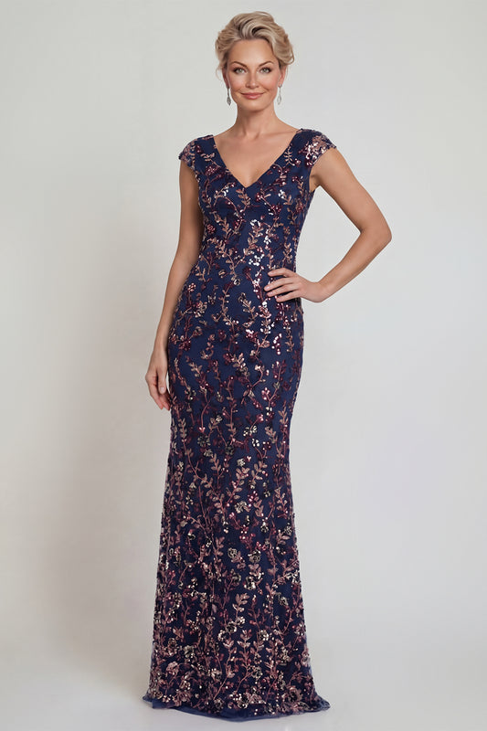 Navy Long Mermaid Sparkly Floral Mother of the Bride Dress