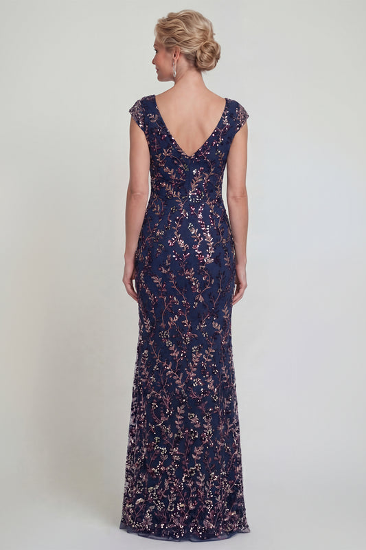 Navy Long Mermaid Sparkly Floral Mother of the Bride Dress